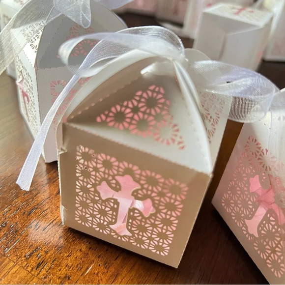 Baptism Favor Boxes Set w/ rosary inside Baby Shower Christening Small Gift Bags - Picture 3 of 10